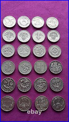 £1 OLD Pound coins FULL SET all 24 incl. RAREst Edinburgh & Cardiff & Flowers