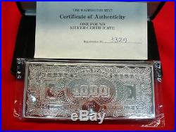 16 TROY OZ. 999 FINE SILVER ONE POUND SILVER CERTIFICATE PROOF WithCERT