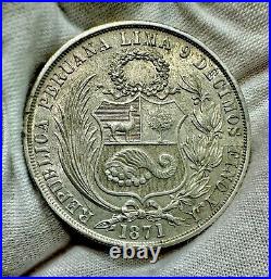 1871 YJ Peru Silver Un 1 Sol KM# 196.3 Uncirculated MINT Choice Lustre Beautiful