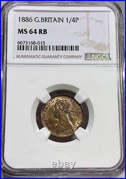 1886 Great Britain Farthing 1/4 Penny Queen Victoria NGC MS64 RB Choice UNC