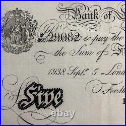 1938 Pre-ww2 White £5 Five Pound Bank Of England Banknote London Peppiatt