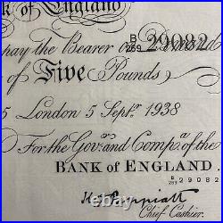 1938 Pre-ww2 White £5 Five Pound Bank Of England Banknote London Peppiatt