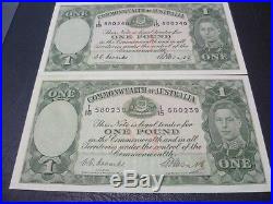 1949 x 2 Australian UNC One Pound Notes-Coombs/Watts