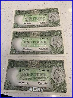 1961 One Pound Coombs / Wilson Consecutive Run Of Three Banknotes