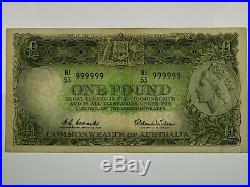 1961 One Pound Coombs / Wilson Solid Numbered HJ/53 999999 Banknote