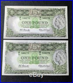 1961 R34b Pair Commonwealth of Australia £1 One Pound Coombs/Wilson Banknote UNC