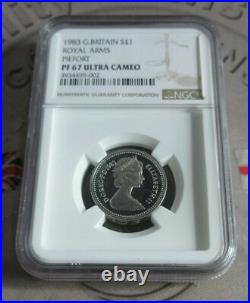 1983 UK Silver Proof £1 Royal Arms Piedfort Coin, NGC Grade PF 67 Ultra Cameo