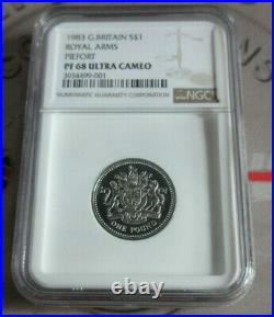 1983 UK Silver Proof £1 Royal Arms Piedfort Coin, NGC Grade PF 68 Ultra Cameo