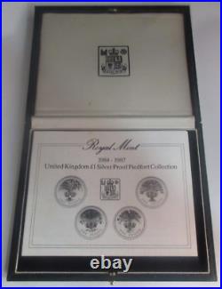 1984-1987 4 x Silver Proof Piedfort UK Royal Mint £1 Coins Boxed COA & Token