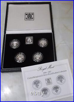 1984 1987 Piedfort Silver One Pound Coin Collection. 4 Proof £1 In Box + Cert