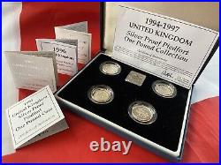 1994-1997 UK Silver Proof Piedfort 4 coin. £1 Collection. Royal Mint Boxed COA's