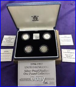 1994 1997 United Kingdom Silver Proof PIEDFORT £1 Four Coin Set Cased #6806