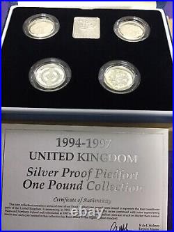 1994 1997 United Kingdom Silver Proof PIEDFORT £1 Four Coin Set Cased #6806