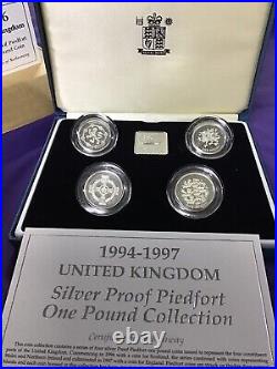 1994 1997 United Kingdom Silver Proof Piedfort £1 Four Coin Set Cased #7434