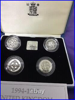 1994 1997 United Kingdom Silver Proof Piedfort £1 Four Coin Set Cased #7434