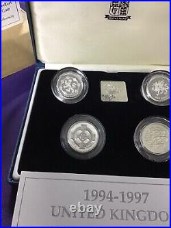 1994 1997 United Kingdom Silver Proof Piedfort £1 Four Coin Set Cased #7434