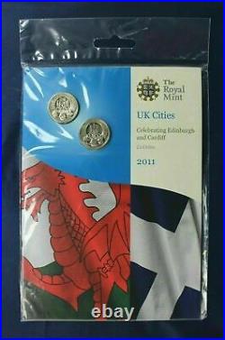 2011 Royal Mint £1 coin x 2 UK Cities CARDIFF and EDINBURGH Factory Sealed