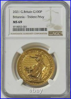 2021 Gold Great Britain 100 Pounds Britannia Trident Privy 1 Oz Coin Ngc Ms 69