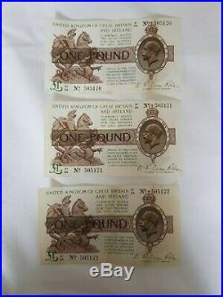 3 X Consecutive Numbered One Pound Notes Signed Warren Fisher V/fine Condition