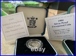 4 Coins 1994 1995 Silver Proof one Two Pound 50p £1 £2 Coin COA D-Day Welsh War