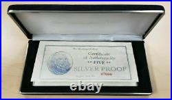 $5 Five Silver Dollars One Troy Pound Proof. 999 Silver Note Bar withCase and COA