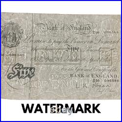 £5 White Five Pound Bank Of England Genuine Banknote London O'brien 1955