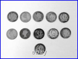 Antique Coins 11x regina Victoria Threepence Silver 925 (1,413gr Ca) 1863/1900