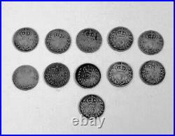 Antique Coins 11x regina Victoria Threepence Silver 925 (1,413gr Ca) 1863/1900