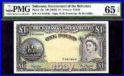 BAHAMAS P15b QUEEN ELIZABETH II 1953ND 1 POUND PMG 65EPQ! GREAT MARGINS &COLOR
