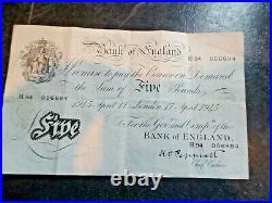 Bank Of England White Five Pound Note Peppiat London April 17 1945