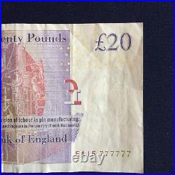 Bank of England Twenty Pounds £20 Banknote with Solid Lucky 777777 Number