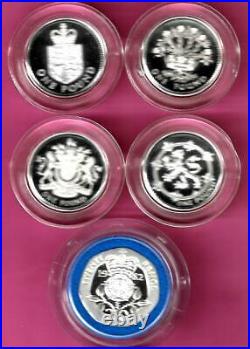 British Sterling Silver 4 x One Pound PIEDFORT Proof Coins Unc withCases & Certs