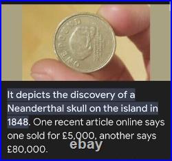 Discovery of a Neanderthal skull on the island in 1848. SUPER Rare 1 Pound Coin