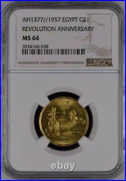 Egypt, Gold 1 Pound 1957 Revolution 5th Anniversary Ngc Ms 64, Rare Date