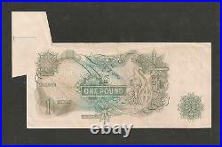 Error Extra Paper Fishtail B281 O'brien 1960 One Pound £1 Banknote Aef