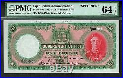 Fiji 1941 £1 One Pound Specimen King George VI Choice Unc Pmg 64 Epq