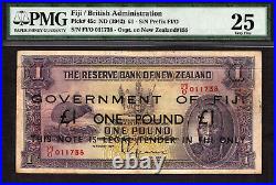 Fiji Emergency Issue Ovpt on New Zealand 1 Pound ND 1942 P-45c Very Fine PMG 25