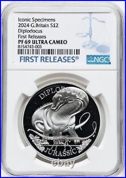 Great Britain 2024 Diplodocus 2 Pounds 1oz Silver NGC PF 69 UC