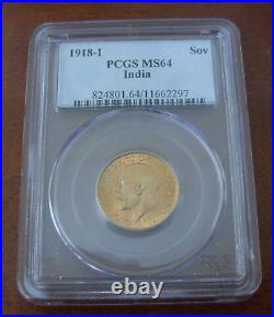 India 1918 I Gold 1 Sovereign Pound PCGS MS64