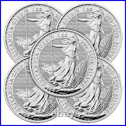 Lot of 5 2022 U. K. 2 Pound Silver Britannia. 999 1 oz BU
