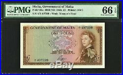 Malta One Pound L 1949 ND 1963 QEII Pick-26a Prefix- A/1 GEM UNC PMG 66 PPQ
