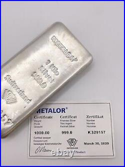 Metalor 1kg Kilo Silver Bar 999 Fine Silver Bullion 1000g With CofA