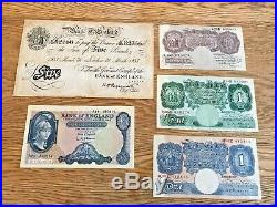 Old English Bank Notes Five, Ten, One Pound, Ten Shillings