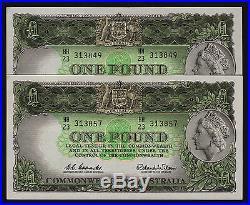 One Pound Banknote 1961 Coombs Wilson R34a HH/23 dark green pair