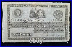 Rare 1853 Provincial Bank Of Ireland Limerick £1 One Pound Banknote