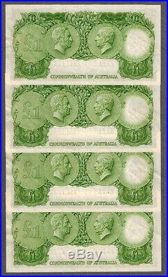 Rare Run of Four Australian 1953 Coombs/Wilson Consecutive One Pound Notes R33