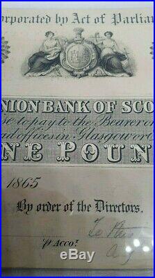 Rare The Union Bank Of Scotland One Pound Proof Banknote 1865 Very Fine