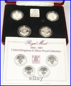 Royal Mint 1984 1985 1986 1987 4 x £1 Coins One Pound Coin Silver Proof Set