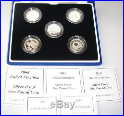 Royal Mint Silver Proof 5 x £1 One Pound Coin Set 2002-2006 Yearly Designs