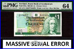 Scotland One Pound 1988 MASSIVE DOUBLE SERIAL ERROR Pick-351a Choice UNC PMG 64